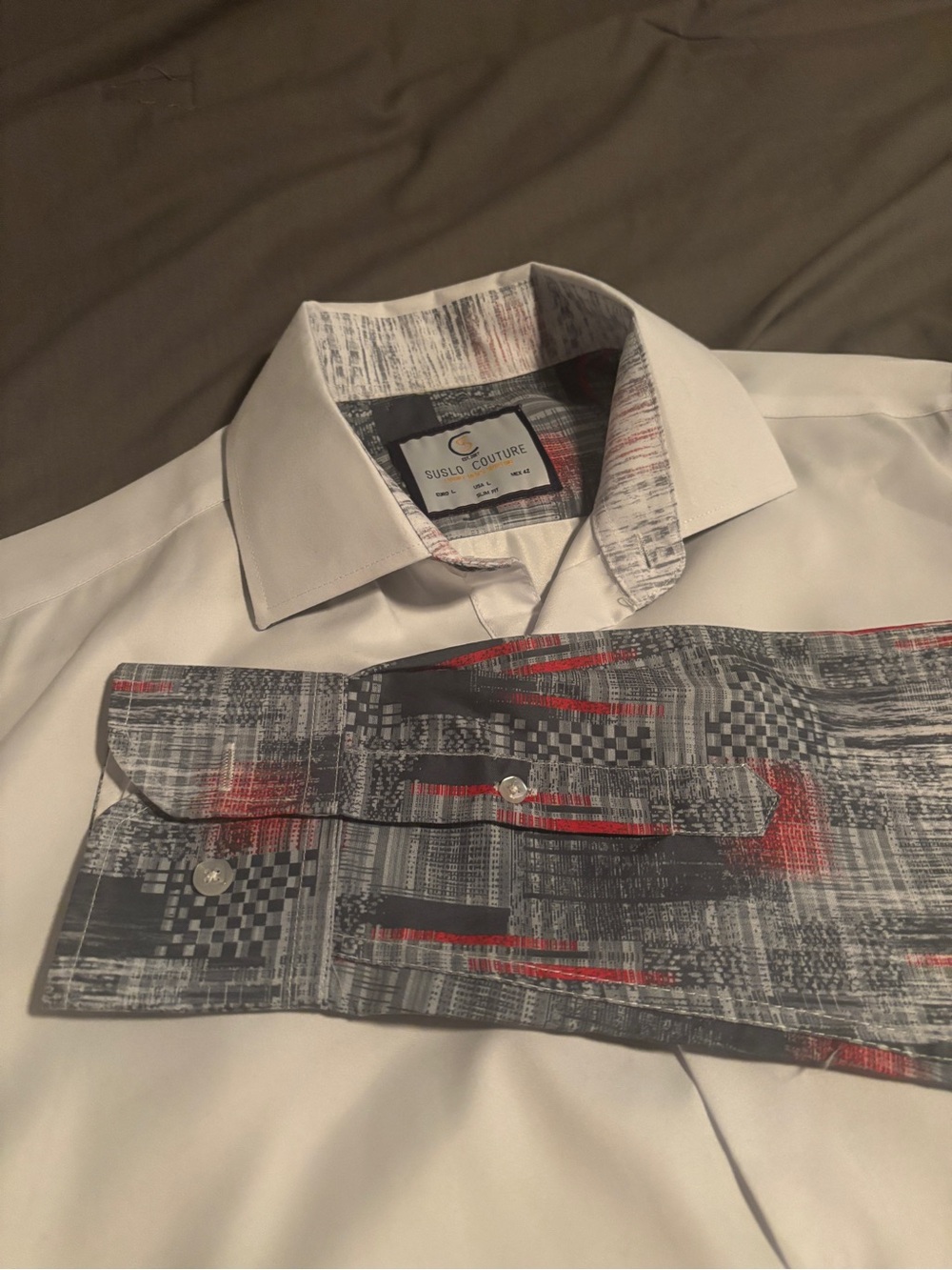 Suslo Couture Men's L Slim White/Gray Geometric Woven Polyester Point Collar LS